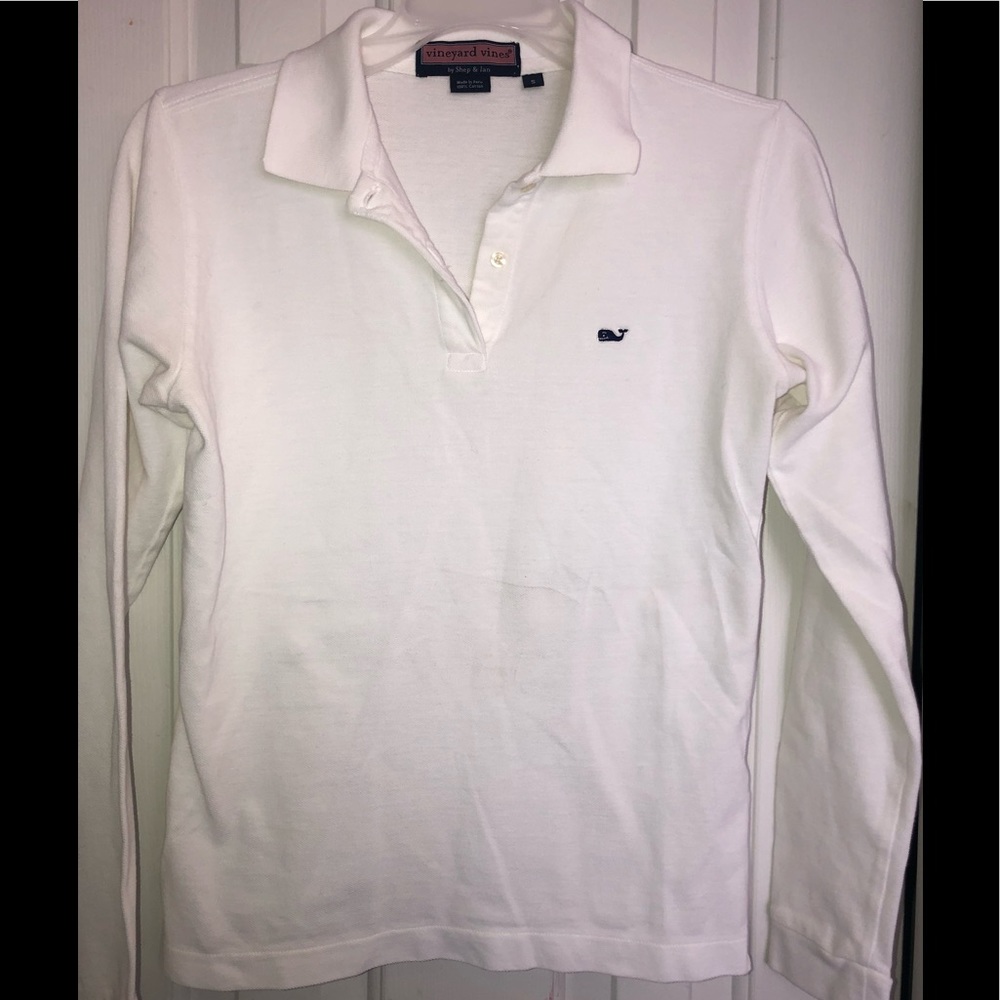 Vineyard Vines White Long Sleeve Button-Down Polo with Navy Whale Logo